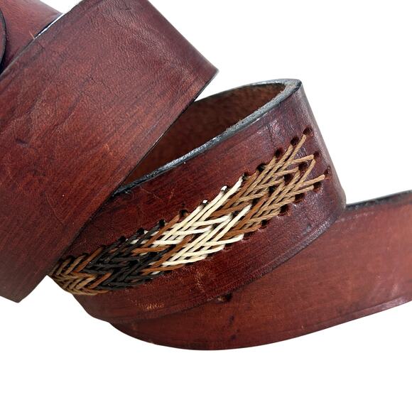 Women’s Vintage Brown Leather Belt Western Boho Woven Silver Buckle 43\